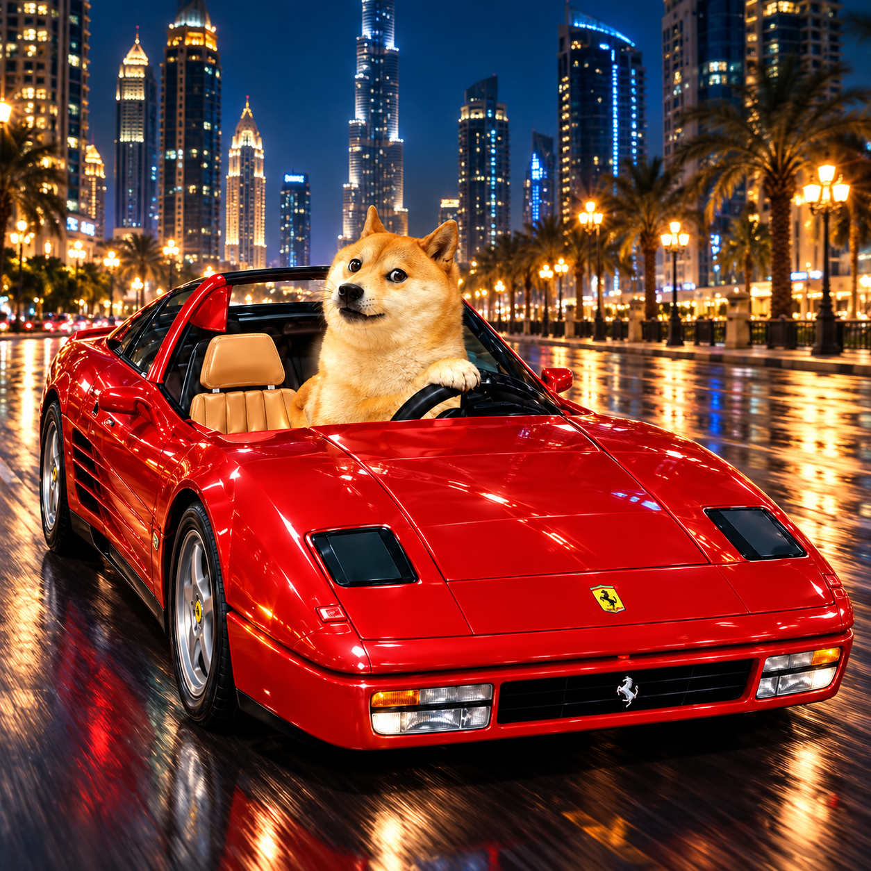 Doge Turbo driving through a city lit with golden lights