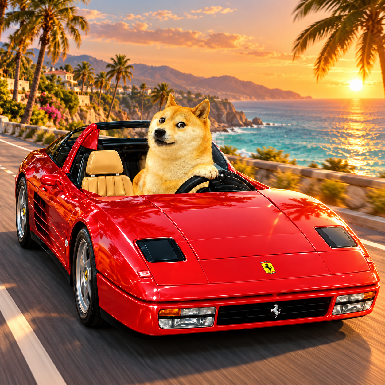 Doge Turbo in his red convertible on the coast at sunset