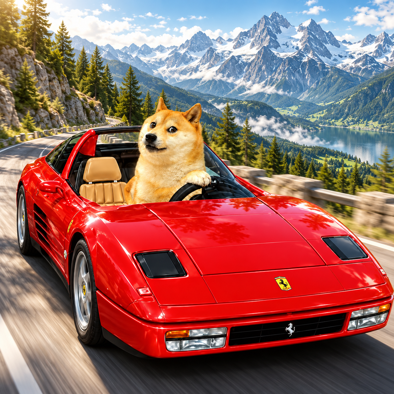 Doge Turbo on a winding road among Alpine peaks