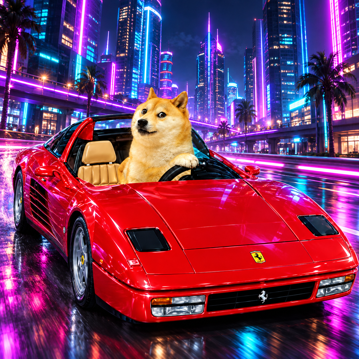 Doge Turbo in a neon metropolis