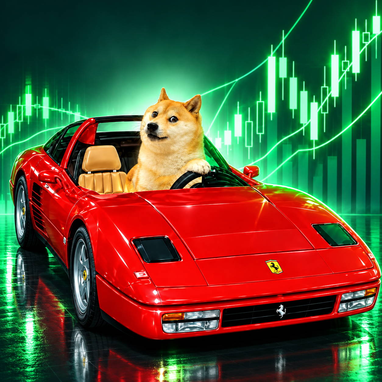 Doge Turbo driving a red convertible in front of green market candles